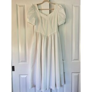 Laura Ashley Vintage White 100% Cotton Puff Sleeve Cottage Midi Dress Size 14
